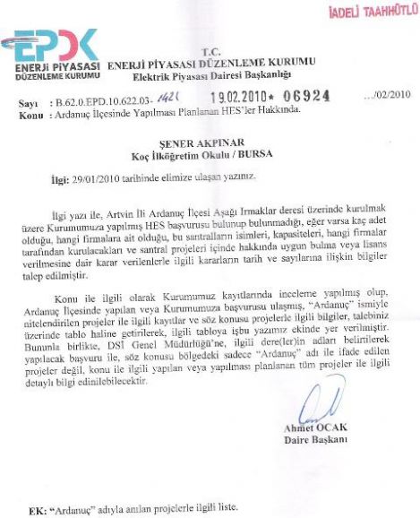  Enerji Piyasası Düzenleme Kurumu Cevabı